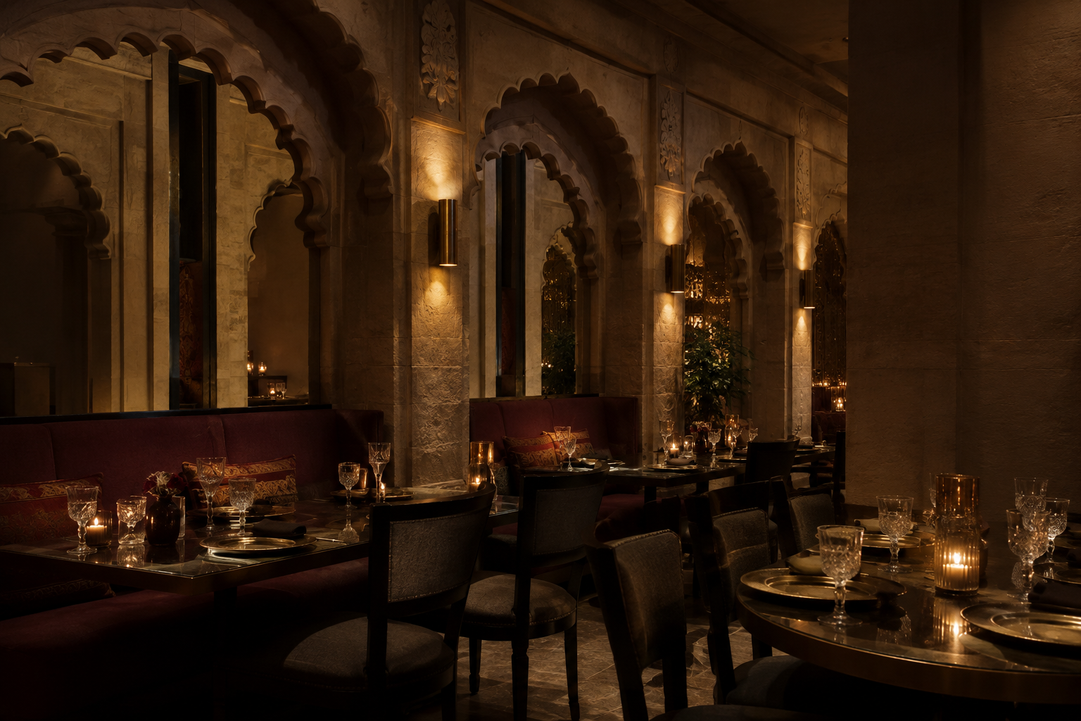 Warmly lit arches and burgundy banquette seating, an interior concept for Ishta