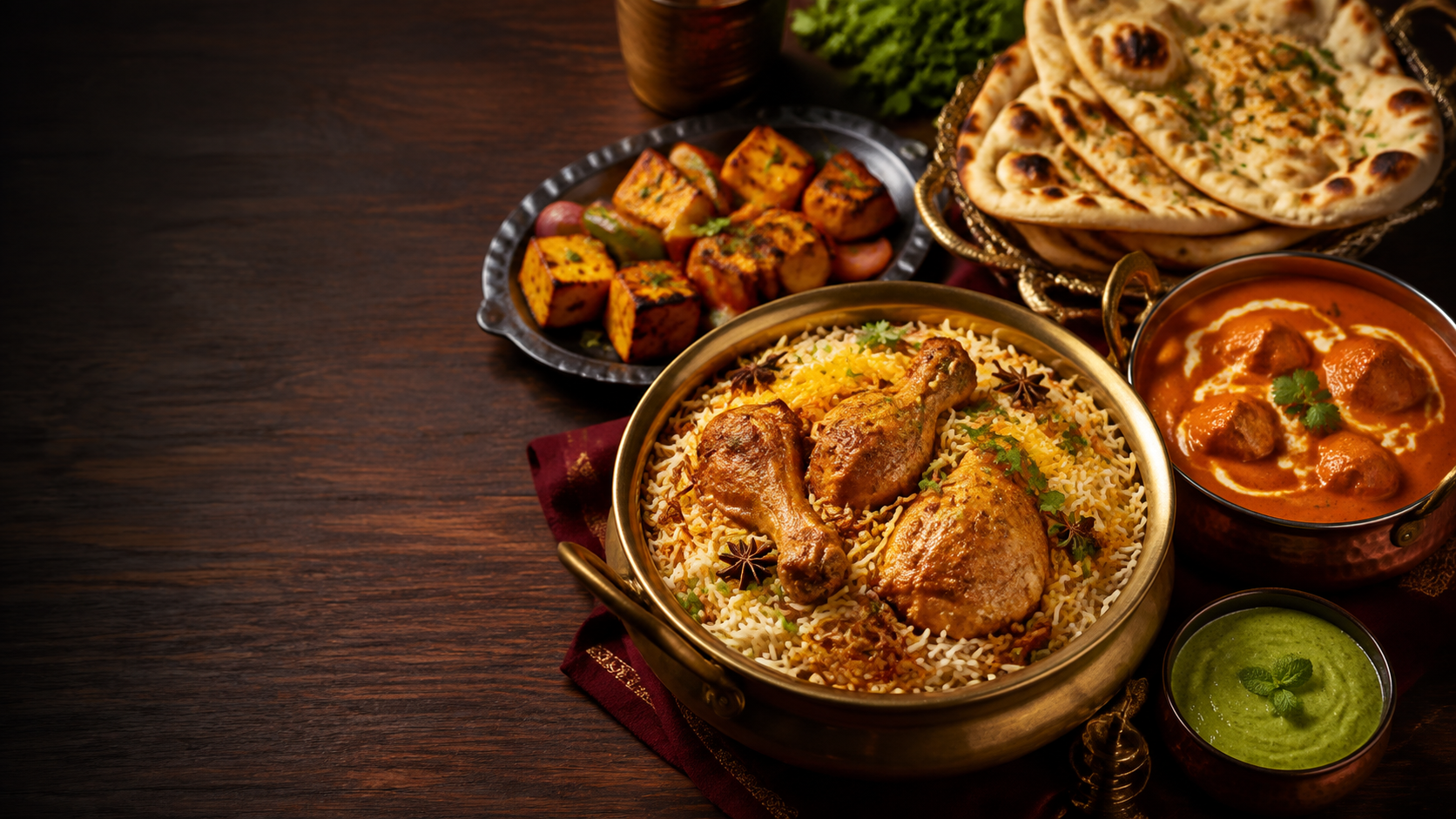 An illustrative Indian feast of biryani, butter chicken, tandoori paneer and garlic naan